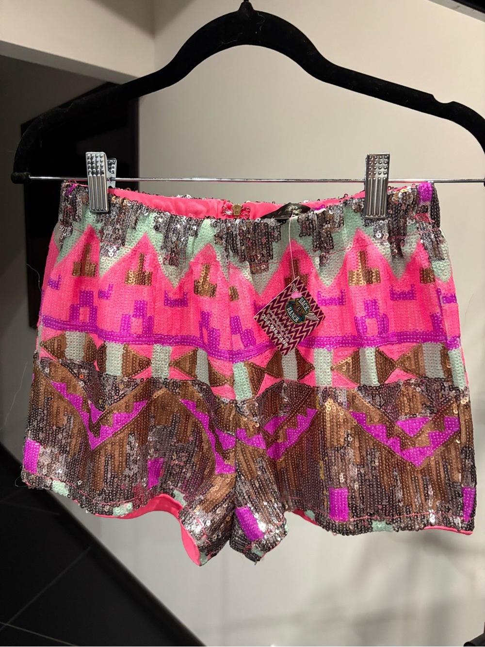 Sequin-Embellished High-Rise Pink Multicolor Shorts